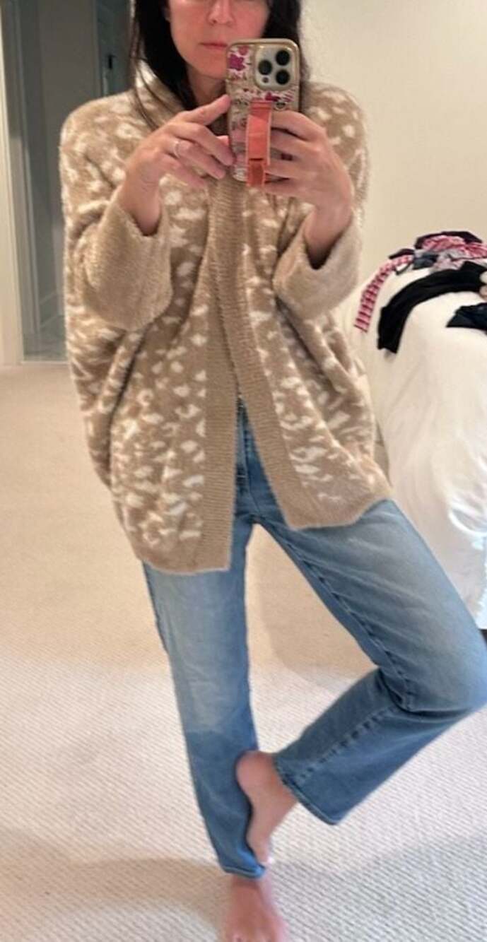 Entro Women's Tan and White Leopard Print Faux Mohair Open Front Cardigan